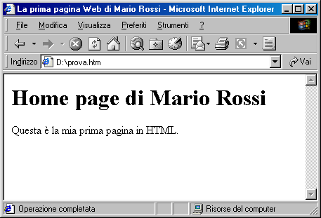 Il file 'prova.htm' cos&igrave; come viene visualizzato da Internet Explorer